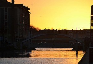 Sunset above the Crimée vertical lift bridge and the Ourcq Canal