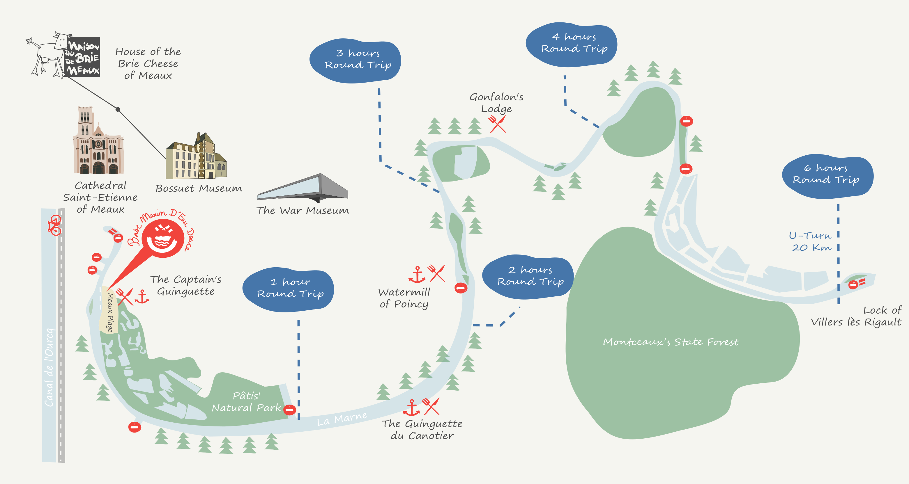 Captain’s log book, Meaux nautical base, click on the course map