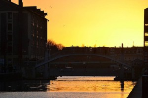 Sunset above the Crimée vertical lift bridge, Bassin de la Villette