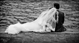 wedding photo at the water's edge